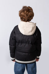 Boy's Long Sleeve Baseball Style Collar Chest Printed With Side Pockets Hooded Puffer Waterproof Thermal Jacket