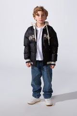 Boy's Long Sleeve Baseball Style Collar Chest Printed With Side Pockets Hooded Puffer Waterproof Thermal Jacket