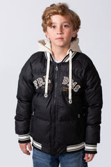 Boy's Long Sleeve Baseball Style Collar Chest Printed With Side Pockets Hooded Puffer Waterproof Thermal Jacket