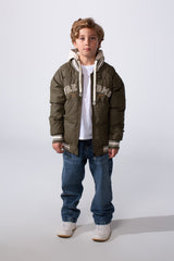 Boy's Long Sleeve Baseball Style Collar Chest Printed With Side Pockets Hooded Puffer Waterproof Thermal Jacket
