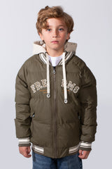 Boy's Long Sleeve Baseball Style Collar Chest Printed With Side Pockets Hooded Puffer Waterproof Thermal Jacket