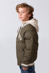 Boy's Long Sleeve Baseball Style Collar Chest Printed With Side Pockets Hooded Puffer Waterproof Thermal Jacket
