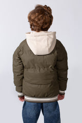Boy's Long Sleeve Baseball Style Collar Chest Printed With Side Pockets Hooded Puffer Waterproof Thermal Jacket