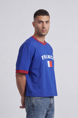 Men’s Tomato Store France Varsity Cropped Box Fit T-Shirt Arch France Typography And Flag Artwork Centered