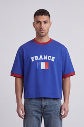Men’s Tomato Store France Varsity Cropped Box Fit T-Shirt Arch France Typography And Flag Artwork Centered