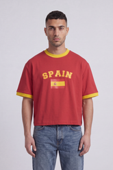 Men’s Tomato Store Spain Match Cropped Box Fit T-Shirt Varsity Spain Chest Typography With Flag