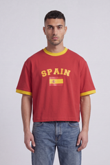 Men’s Tomato Store Spain Match Cropped Box Fit T-Shirt Varsity Spain Chest Typography With Flag