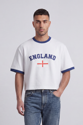Men’s Tomato Store England Varsity Cropped Box Fit T-Shirt Arch England Typography With Center Flag Artwork