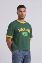 Men’s Tomato Store Brazil Varsity Cropped T-Shirt Arch Brazil Typography With Center Flag Artwork Box Fit