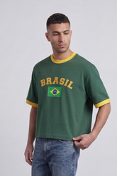 Men’s Tomato Store Brazil Varsity Cropped T-Shirt Arch Brazil Typography With Center Flag Artwork Box Fit