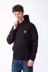 Men's Cross Over Hood Branded Silicone Patch Kangaroo Pocket Set-In Sleeves Slim Fit Melton Sweatshirt
