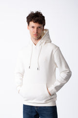 Men's Cross Over Hood Branded Silicone Patch Kangaroo Pocket Set-In Sleeves Slim Fit Melton Sweatshirt
