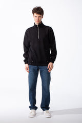 Men's Quarter-Zip Mock Neck Sweatshirt Front Panelled Construction With Curved Seam Detailed Elasticated Hem And Cuffs Side-Entry Pockets