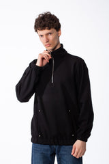 Men's Quarter-Zip Mock Neck Sweatshirt Front Panelled Construction With Curved Seam Detailed Elasticated Hem And Cuffs Side-Entry Pockets