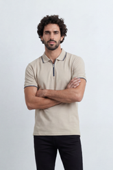 Men’s Tomato Store Zip Trim T-Shirt Polo Clean Solid Surface With Fine Micro Grain Texture Half Zip Front Contrast Tipping Trims Slim Fit