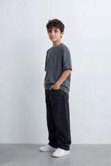 Boy's Tomato Store Slash Mark Oversized T-Shirt Tonal Broken Scratch Texture Scattered Across The Front Clean Solid Base Oversize