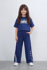 Girl's Tomato Store Summer Melton Co-Ord Set Bold Sport Typography Side Stripe Detail Open Back Slogan Tie Waist Finish Oversize Outfit