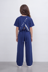 Girl's Tomato Store Summer Melton Co-Ord Set Bold Sport Typography Side Stripe Detail Open Back Slogan Tie Waist Finish Oversize Outfit