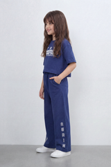 Girl's Tomato Store Summer Melton Co-Ord Set Bold Sport Typography Side Stripe Detail Open Back Slogan Tie Waist Finish Oversize Outfit