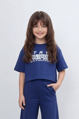 Girl's Tomato Store Summer Melton Co-Ord Set Bold Sport Typography Side Stripe Detail Open Back Slogan Tie Waist Finish Oversize Outfit
