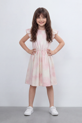 Girl's Tomato Store Blush Cloud Midi Dress Soft Tie Dye Wash Across The Body Subtle Star Texture Elastic Waistline Ruffle Trim Regular Fit
