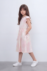 Girl's Tomato Store Blush Cloud Midi Dress Soft Tie Dye Wash Across The Body Subtle Star Texture Elastic Waistline Ruffle Trim Regular Fit