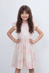 Girl's Tomato Store Blush Cloud Midi Dress Soft Tie Dye Wash Across The Body Subtle Star Texture Elastic Waistline Ruffle Trim Regular Fit