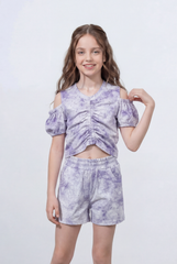 Girl's Tie Dye Co-Ord Set Ruched Front Top With Cold Shoulder Sleeves Wash Effect Fabric Outfit
