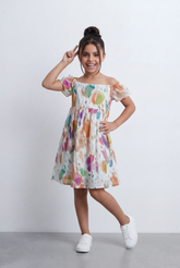 Girl's Abstract Print Poplin Dress Tomato Store Off-Shoulder Smocked Bodice With Puff Sleeves And Full Skirt