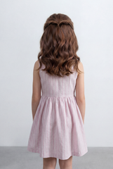 Girl's Tomato Store Stripe Dress Vertical Line Pattern Front Button Detail Sleeveless Design Gathered Waist Flared Skirt Shape
