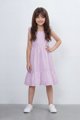 Girl's Tomato Store Seersucker Midi Slim Fit Dress With Crinkle Woven Texture Subtle Stripe Surface Ruffle Shoulder Detail Gathered Waist Side Pockets