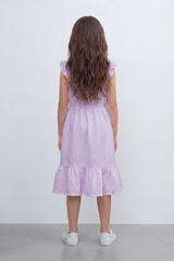 Girl's Tomato Store Seersucker Midi Slim Fit Dress With Crinkle Woven Texture Subtle Stripe Surface Ruffle Shoulder Detail Gathered Waist Side Pockets