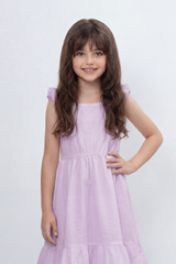 Girl's Tomato Store Seersucker Midi Slim Fit Dress With Crinkle Woven Texture Subtle Stripe Surface Ruffle Shoulder Detail Gathered Waist Side Pockets
