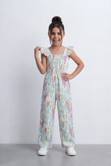 Girl's Heart Print Jumpsuit Smocked Bodice With Ruffle Straps Tomato Store