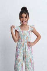 Girl's Heart Print Jumpsuit Smocked Bodice With Ruffle Straps Tomato Store