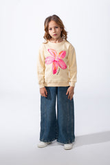 Girl’s Front Flower Print Melton Slim Fit Rounded Neck Sweatshirt