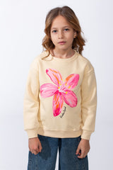 Girl’s Front Flower Print Melton Slim Fit Rounded Neck Sweatshirt