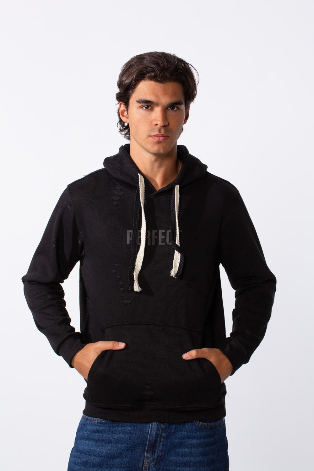 Men's black slim fit hoodie with ripped details, kangaroo pocket, and white drawstrings.
