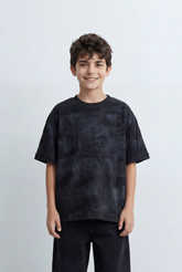 Boy's Tomato Store Night Archive T-Shirt Cloudy Wash Texture Allover Tonal Stamp Typography Scattered Body Artwork Oversized