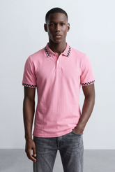 Men’s Tomato Store Pattern Trim Polo Checker Detail Collar And Sleeve Edge Two Button Placket T-Shirt