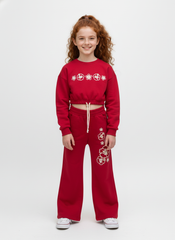 Girl's Two-Piece Set Cropped Front Chest Print Long Sleeve Melton Outfit