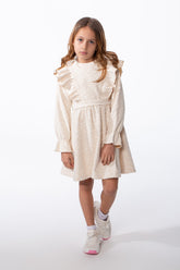 Girl's Textured Jakar Tonal Patterned Elasticated Ruffle Cuffs Dramatic Ruffle Waist Tie Charm Dress