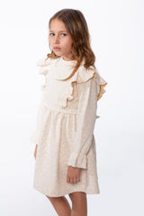 Girl's Textured Jakar Tonal Patterned Elasticated Ruffle Cuffs Dramatic Ruffle Waist Tie Charm Dress