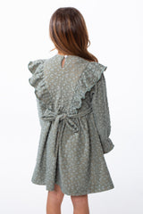 Girl's Textured Jakar Tonal Patterned Elasticated Ruffle Cuffs Dramatic Ruffle Waist Tie Charm Dress