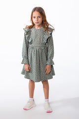 Girl's Textured Jakar Tonal Patterned Elasticated Ruffle Cuffs Dramatic Ruffle Waist Tie Charm Dress