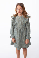 Girl's Textured Jakar Tonal Patterned Elasticated Ruffle Cuffs Dramatic Ruffle Waist Tie Charm Dress