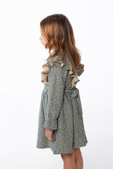 Girl's Textured Jakar Tonal Patterned Elasticated Ruffle Cuffs Dramatic Ruffle Waist Tie Charm Dress
