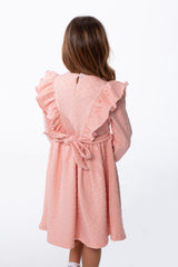 Girl's Textured Jakar Tonal Patterned Elasticated Ruffle Cuffs Dramatic Ruffle Waist Tie Charm Dress