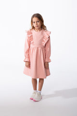 Girl's Textured Jakar Tonal Patterned Elasticated Ruffle Cuffs Dramatic Ruffle Waist Tie Charm Dress