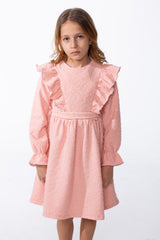 Girl's Textured Jakar Tonal Patterned Elasticated Ruffle Cuffs Dramatic Ruffle Waist Tie Charm Dress